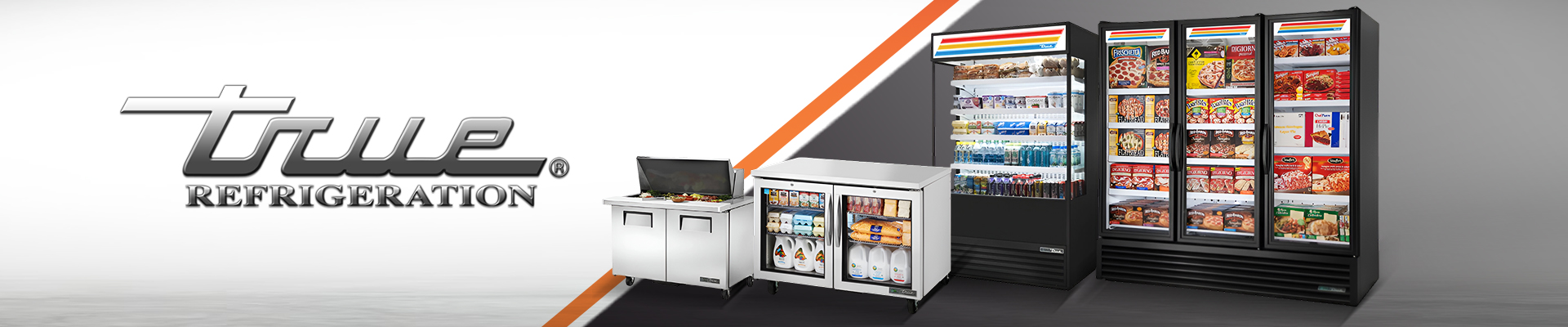 True Refrigeration brand banner featuring commercial display refrigerators, prep tables, and undercounter coolers filled with food and beverages.